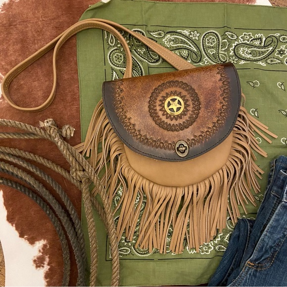 Handbags - Fringed Leather Western Crossbody Bag with Fringe
